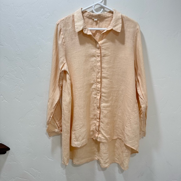 Eileen Fisher Tops - Eileen Fisher 100% Organic Irish Linen Large Tunic Button Down Shirt Pale Yellow